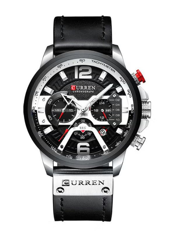 Curren Analog Watch for Unisex with Leather Band, Water Resistant and Chronograph, 8329, Black-Black/Silver