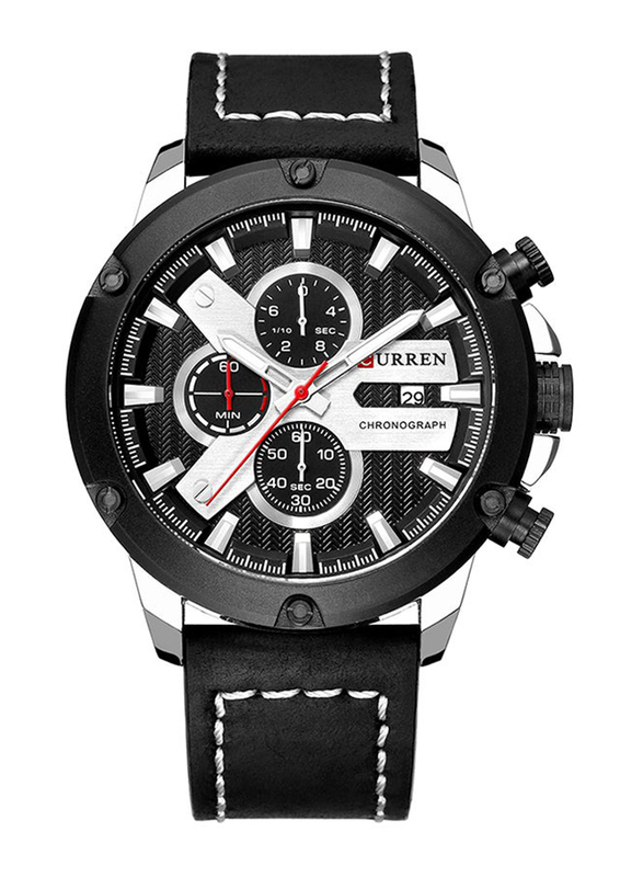 Curren Analog Watch for Men with Leather Band, Water Resistant and Chronograph, 8308, Black-White/Black