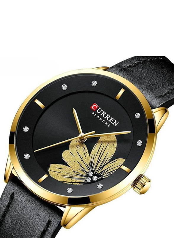Curren Analog Watch for Women with Leather Band, Water Resistant, 9048, Black-Gold/Black