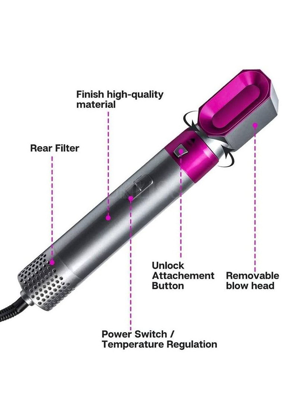 5-in-1 Hair Dryer Hot Air Brush Styler Negative Iron Hair Straightener Volumizer Hair Curler, Grey/Pink