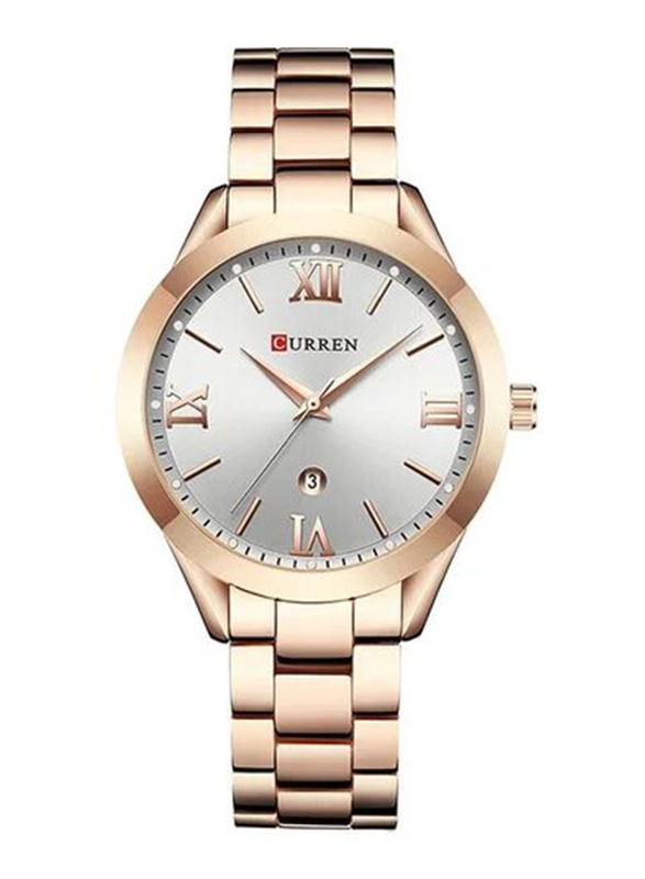 Curren Analog Watch for Women with Stainless Steel Band, Water Resistant, WT-CU-9007-RGO1#D2, Rose Gold/White