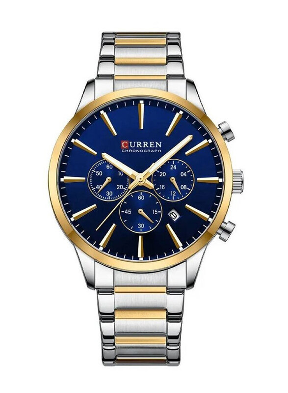 

Curren Analog Watch for Men with Stainless Steel Band, Water Resistant and Chronograph, 8435, Silver/Gold-Blue