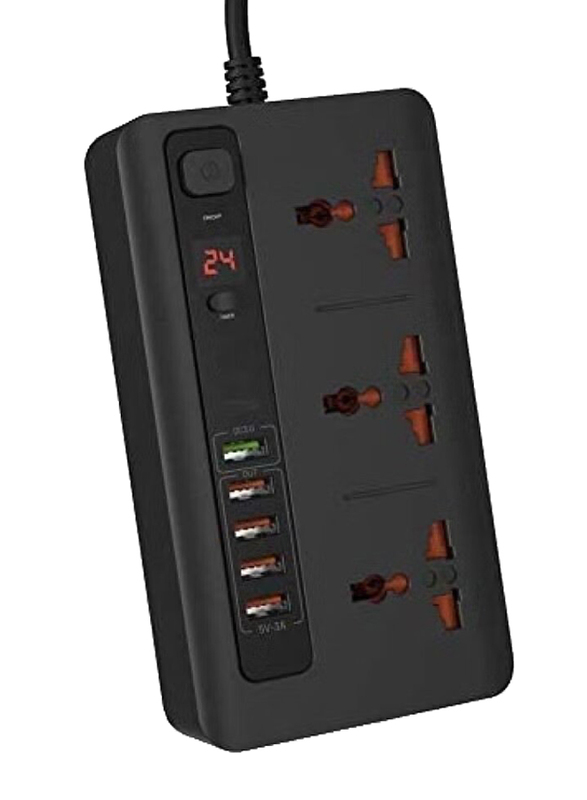 XiuWoo Power Socket Strip 4 USB Port 3.4A + 1 Quick Charge 3.0 with 3 Universal Power Sockets 10A Independent Power Switch with Timer, Black