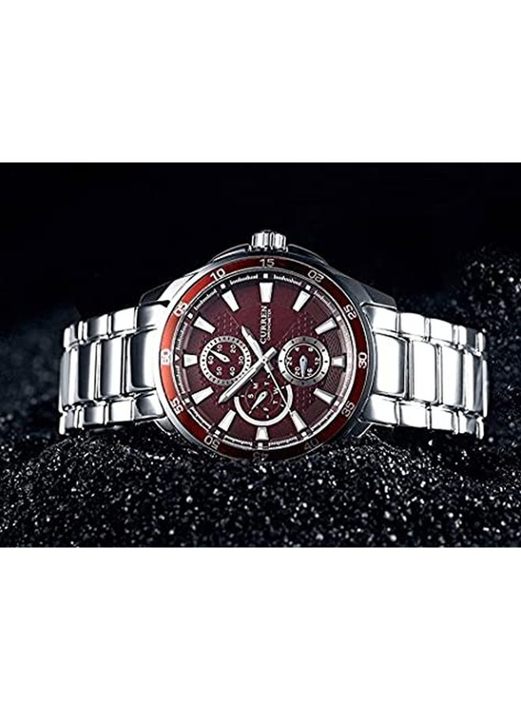 Curren Analog Watch for Men with Stainless Steel Band, Water Resistant and Chronograph, 8076, Silver-Burgundy