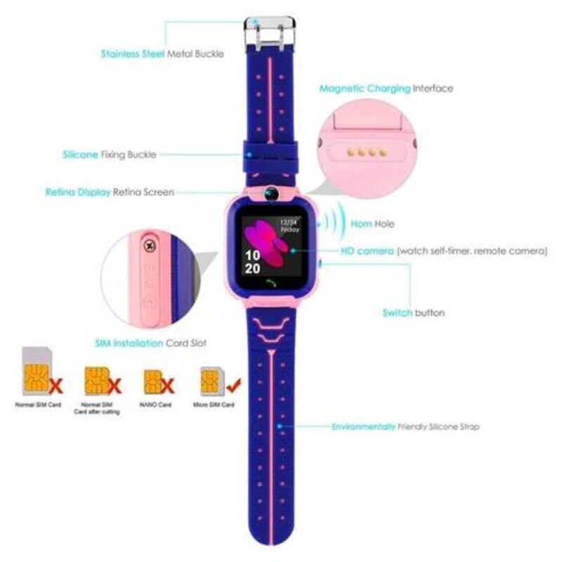 Kids Touch Screen Smartwatch With Sim Card Slot, Blue/Pink