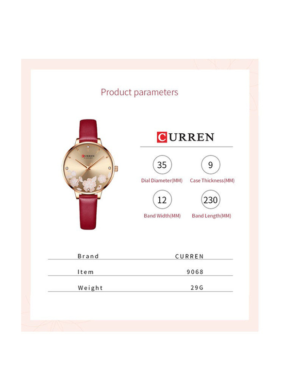 Curren Analog Watch for Women with Leather Band, Water Resistant, J-4896BU, Burgundy-Burgundy