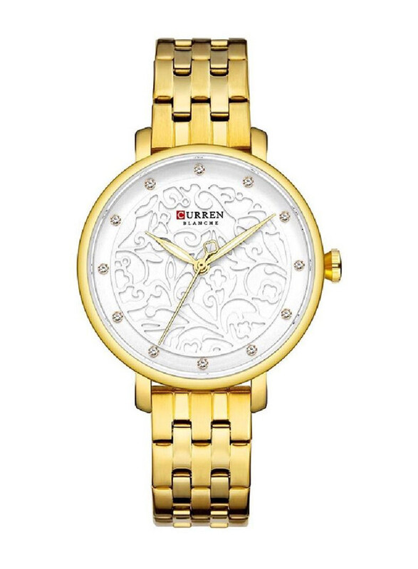 

Curren Quartz Analog Movement Round Dial Wrist Watch for Women with Stainless Steel Band, Water Resistant, 9046, Gold-White