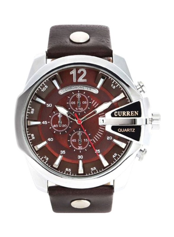 Curren Analog Watch for Men with PU Leather Band, Water Resistant and Chronograph, 1419277, Brown