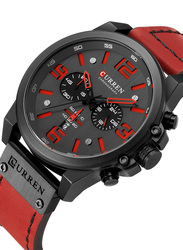 Curren Analog Unisex Watch with Leather Band, Chronograph, J4370-3, Red-Black
