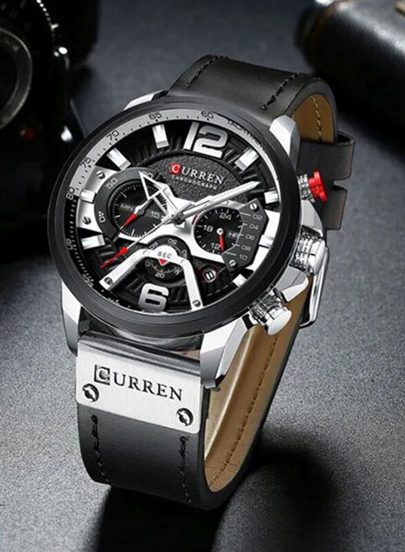 Curren Analog Watch for Men with Leather Band, Chronograph, J3813B-KM, Black/Multicolour