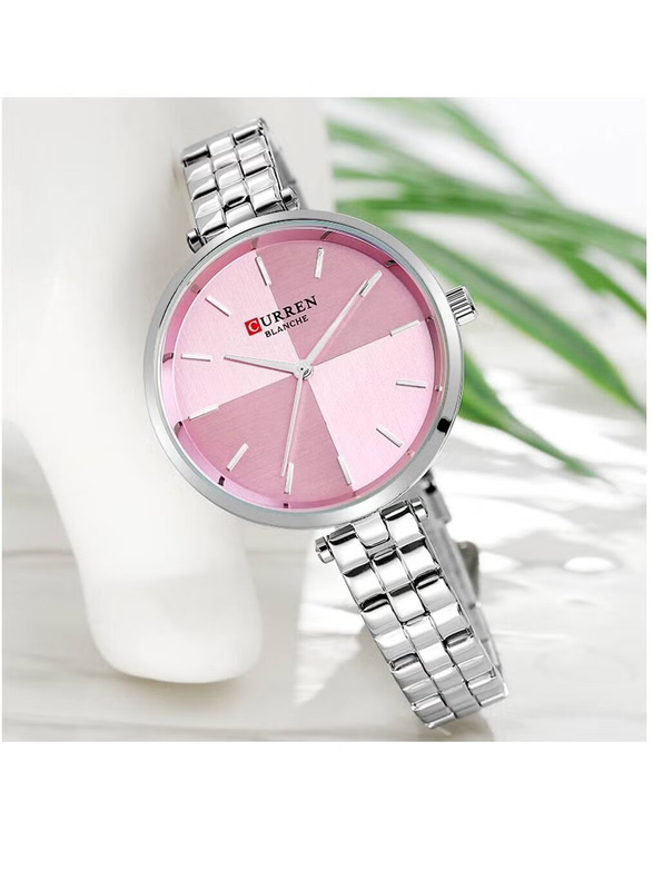 Curren Analog Watch for Women with Stainless Steel Band, Water Resistant, 9043, Silver-Pink