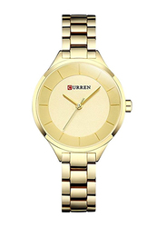Curren Analog Watch for Women with Stainless Steel Band, Water Resistant, WT-CU-9015-GO#D2, Gold-Gold