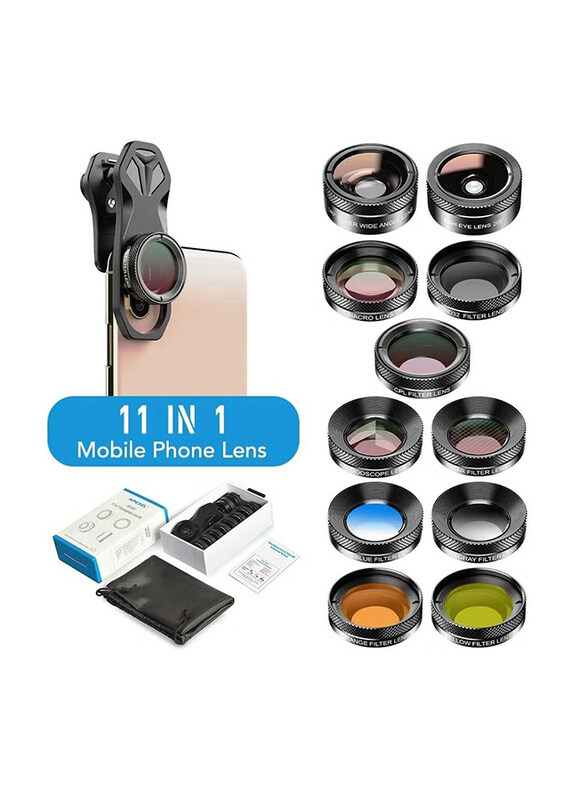 

Apexel 11-in-1 Phone Camera Lens Kit Fisheye Wide Lens Full Colorgrad Filter CPL ND Star Filter, Multicolour