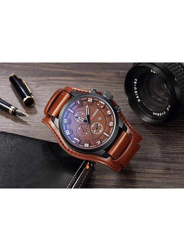 Curren Analog Watch for Men with Leather Band, Water Resistant and Chronograph, 8225, Brown-Blue