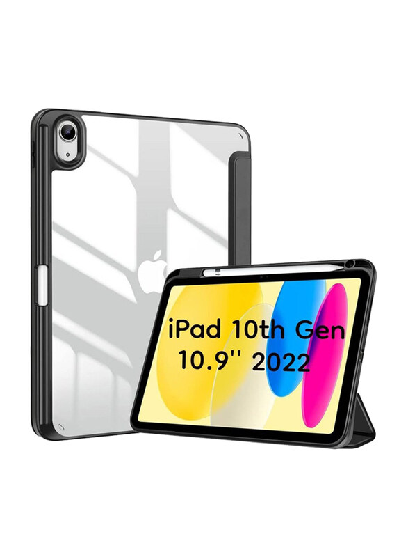 

Generic Apple iPad 10th Gen (2022) Transparent Back Shell Trifold Protective Shockproof Tablet Case Cover with Pencil Holder, Black