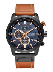 Curren Analog Watch for Men with Leather Band, Water Resistant and Chronograph, 8291, Blue-Brown