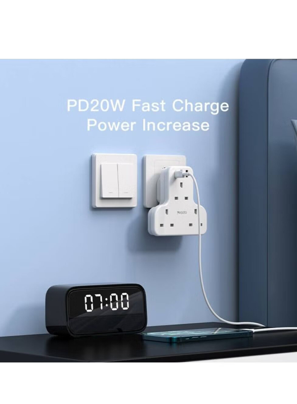Yesido 3 Power Plug 2 USB 20W PD Charging Socket, White