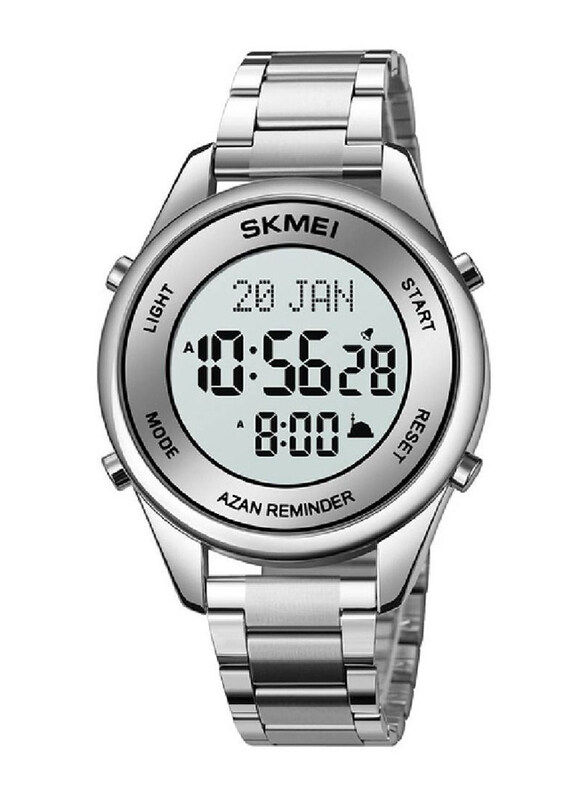 

SKMEI Digital Adhan Alarm & Islamic Calendar Prayer Watch for Men with Stainless Steel Band, Silver-Multicolour