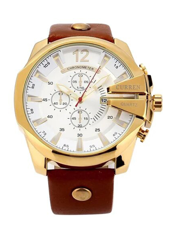Curren Analog Watch for Men with Leather Band, Chronograph, 8176, Brown/White