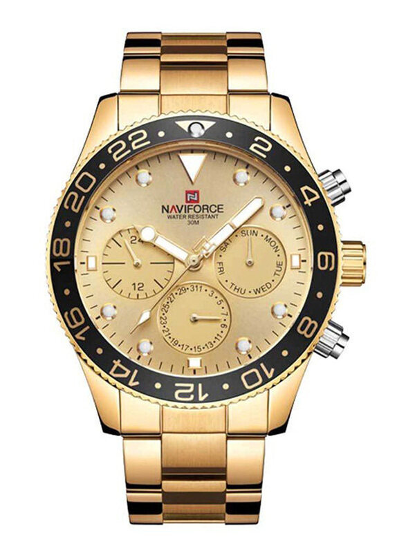 

Naviforce Analog Wrist Watch for Men with Stainless Steel Band, Water Resistant, NF9147, Gold-Gold/Black
