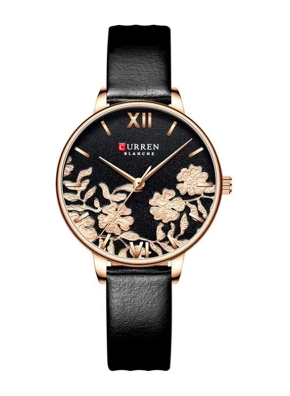 Curren Analog Wrist Watch for Women with Leather Band, Water Resistant, 9065, Black