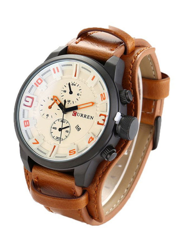 Curren Analog Watch for Men with Leather Band, J317CA2, Beige/Brown