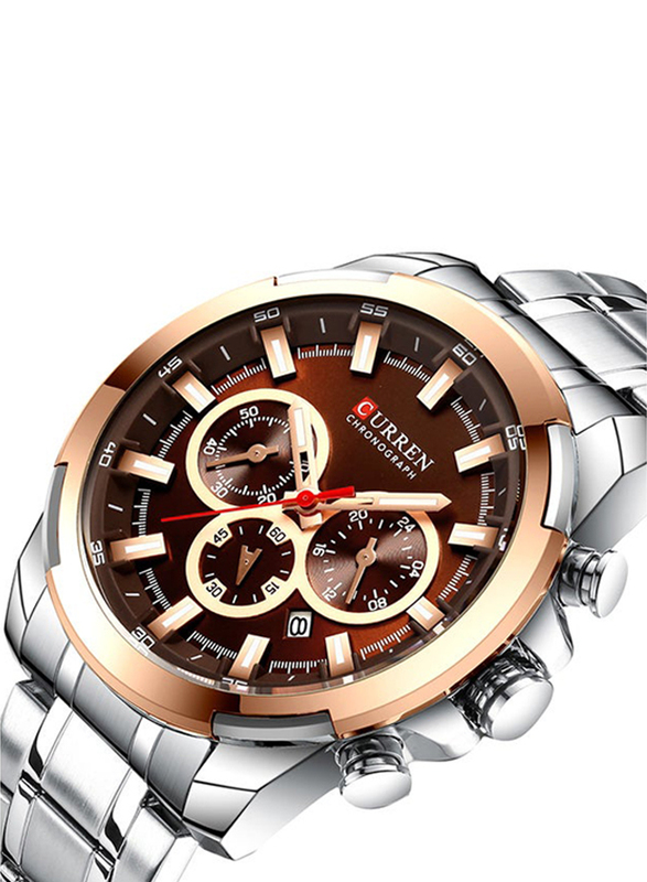 Curren Analog Watch for Men with Metal Band, Chronograph, J4195S-K-KM, Silver-Brown