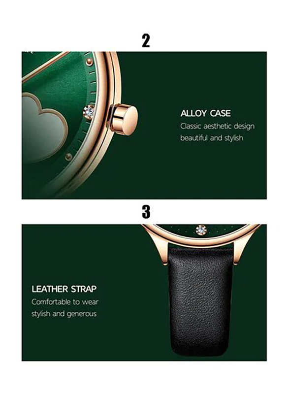 Curren Stone Studded Analog Watch for Women with Leather Band, J-4781GR, Black/Green