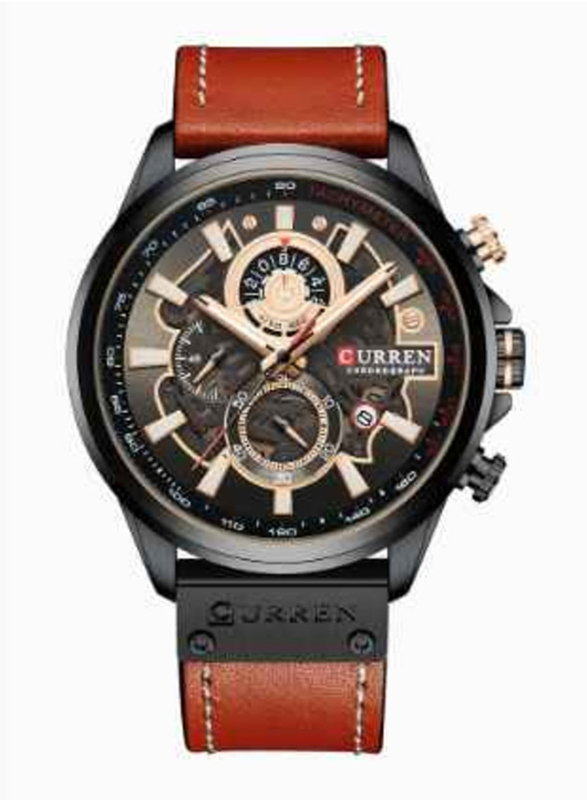 Curren Analog Watch for Men with Leather Band, Water Resistant and Chronograph, 8380, Black-Orange