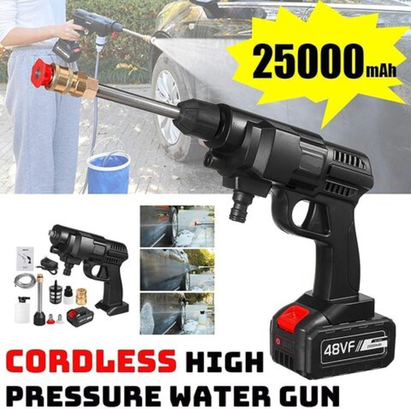 Cordless 30Bar High Pressure Car Washer with Nozzles Water Gun Set, 48V, Black