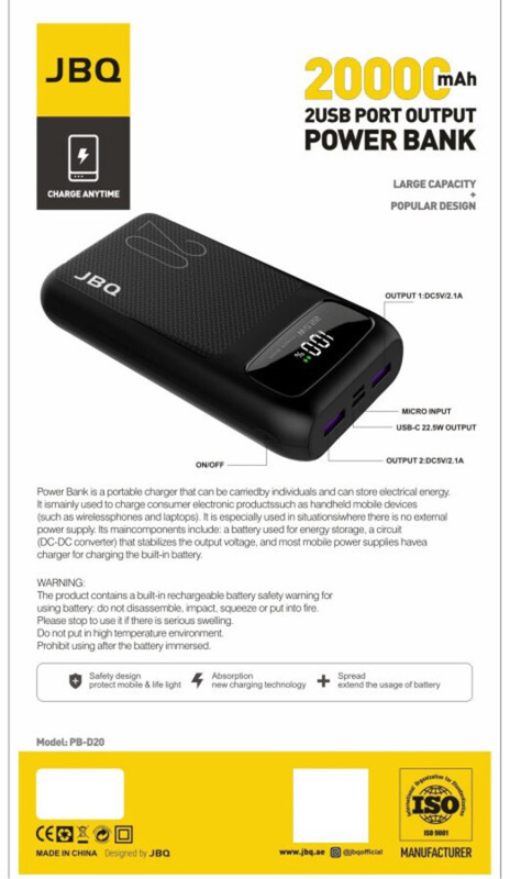 JBQ 20000mAh Fast Charging Power Bank with PD22.5W Dual Port USB and Type-C Input, Black