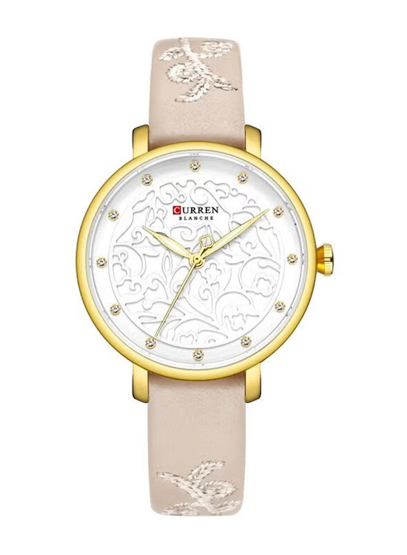 Curren Analog Watch for Women with PU Leather Band, Water Resistant, 9046, Beige-White