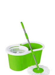 Spin Mop Bucket System 360 Spin Mop & Bucket Floor Cleaning Stainless Steel Mop Bucket with 2 Microfiber Replacement Head Refills, Green/White