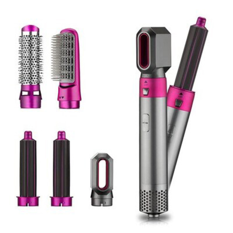 5-In-1 Multifunctional Curling Iron, Hair Dryer, Hair Curler Brush & Hot Air Brush Rotating Brush, Grey/Pink