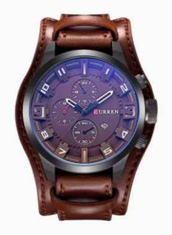 Curren Analog Watch for Men with Leather Band, Water Resistant and Chronograph, Brown