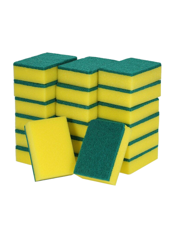 Multi-purpose Double-faced Sponge Scouring Pads for Dish Washing, Stains Removing, Cleaning & Scrub, 20 Pieces, Green/Yellow