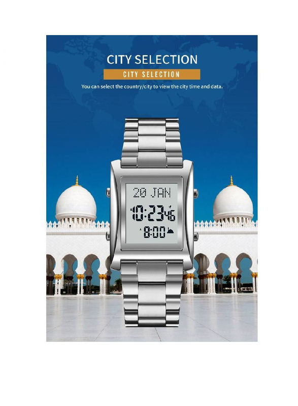 SKMEI Digital Adhan Alarm & Islamic Calendar Prayer Watch with Stainless Steel Band, Water Resistant, Silver-Multicolour