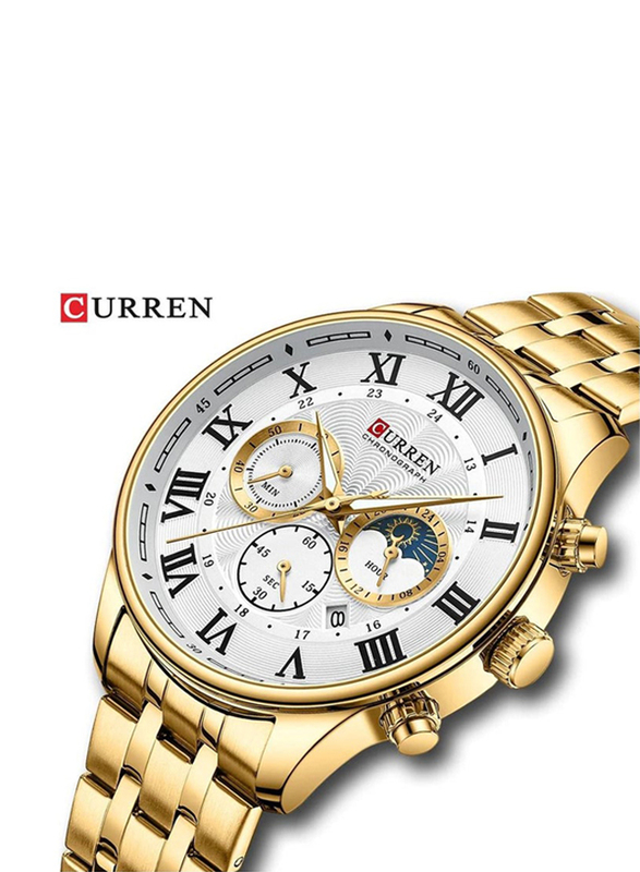 Curren Analog Watch for Men with Stainless Steel Band, Chronograph, Gold-White