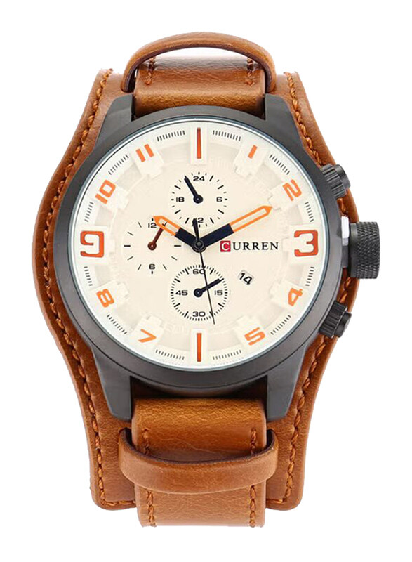 

Curren Analog Unisex Watch with Leather Band, J3617CA2-KM, Brown-White