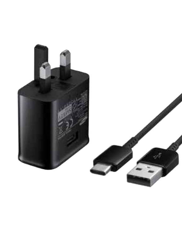 3 Pin USB Wall Charger, with USB Type-C to USB Data and Charge Cable, Black