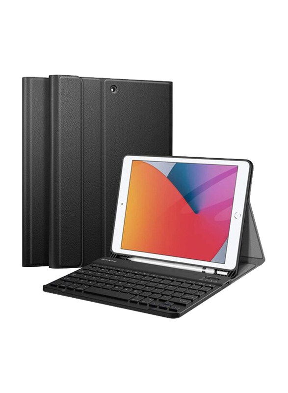 Ntech Magnetically Detachable Wireless Bluetooth English Keyboard with Soft TPU Back Stand Cover & Pencil Holder for iPad 8th Gen (2020) / 7th Gen (2019) 10.2", Black