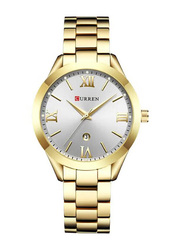 Curren Analog Watch for Women with Stainless Steel Band, 9007, Gold/White