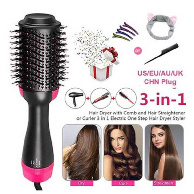 3-In-1 Rechargeable Automatic Hair Brush, Black/Pink