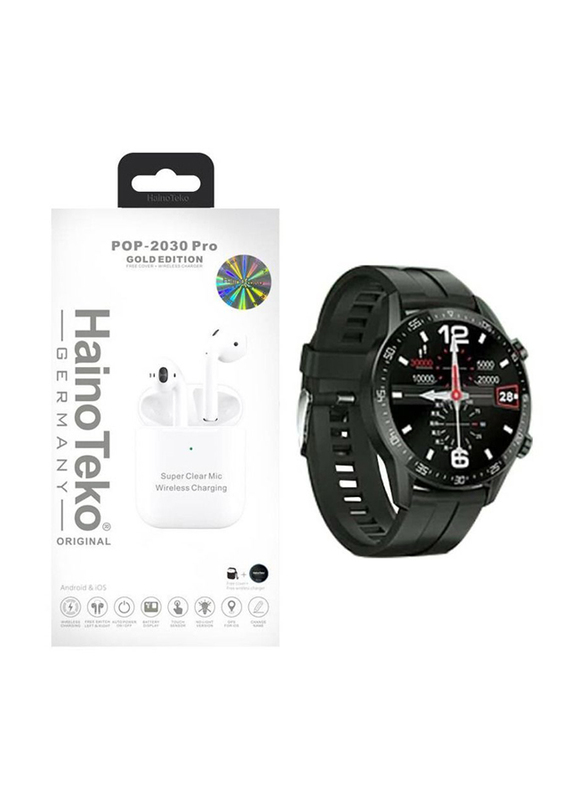 Haino Teko Germany 2-in-1 Pop-2030 Pro Wireless In-Ear Bluetooth Earbuds with RW-11 Smartwatch, White/Black