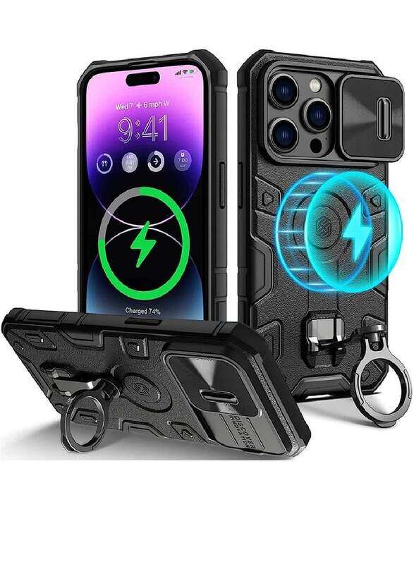 

Nillkin Apple iPhone 14 Pro Max Military Grade Shockproof Slide Camera MagSafe Magnetic Car Mount Holder Mobile Phone Case Cover, Black