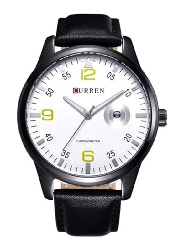 Curren Analog Watch for Men with Leather Band, 8116, Black/White