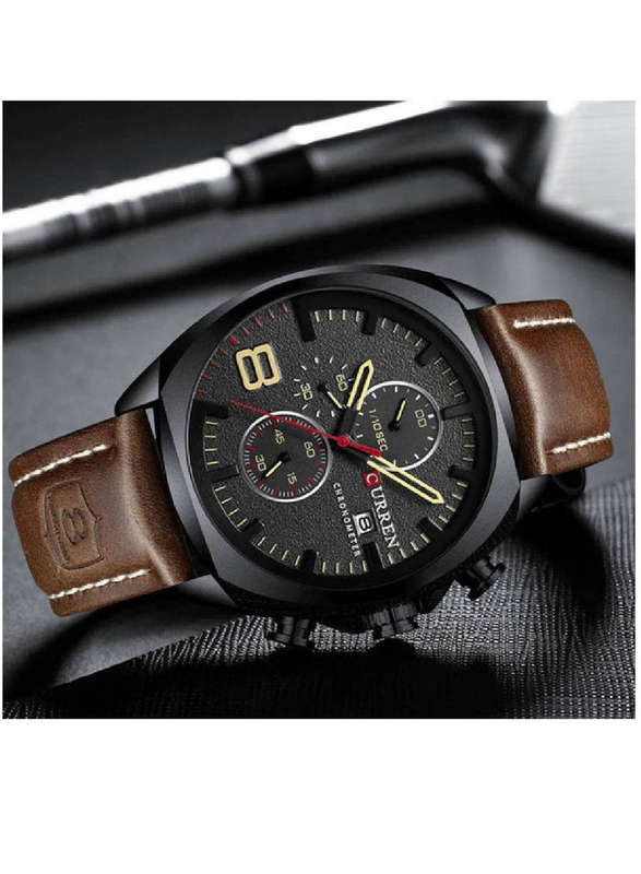 Curren Analog Watch for Men with Leather Band, Water Resistant and Chronograph, 8324, Brown-Black