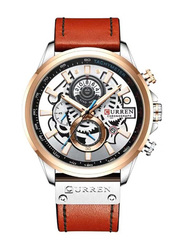Curren Analog Watch for Men with Leather Band, Water Resistant and Chronograph, J4517RG-S-KM, Brown/Silver-Gold