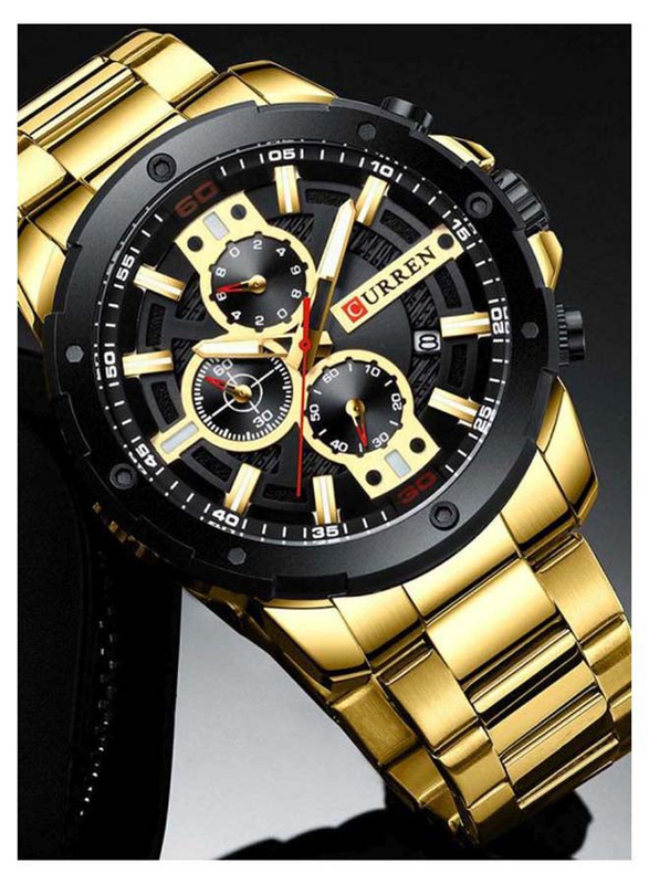 Curren Analog Watch for Men with Stainless Steel Band, Water Resistant and Chronograph, J4057G-KM, Gold-Black