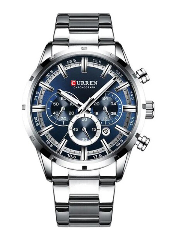 Curren Analog Watch for Men with Alloy Band, Water Resistant and Chronograph, J4056-3-KM, Silver/Blue